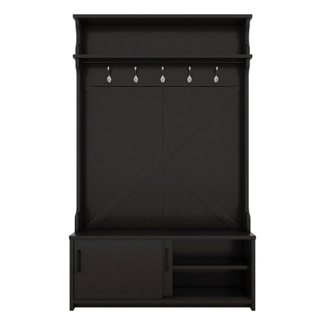 Hall tree with roof rack and storage platform, corridor shoe cabinet with sliding door, clothes hanger with 5 hooks black - V.I.P Digital Presence