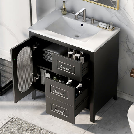 30" Bathroom Vanity with Sink, Bathroom Vanity Cabinet with Two Drawers and Door, Adjustable Shelf, Solid Wood and MDF, Black - V.I.P Digital Presence