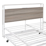 Full Size Metal Platform Bed Frame with Trundle, USB Ports and Slat Support No Box Spring Needed White - V.I.P Digital Presence