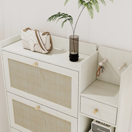Natural Bohemian style shoe cabinet with 3 rattan flip drawers, 3 square shelves, and 1 storage drawer, white - V.I.P Digital Presence