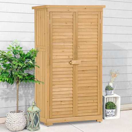 Wooden Garden Shed 3-tier Patio Storage Cabinet Outdoor Organizer Wooden Lockers with  Wood (Natural Wood Color -Shutter Design) - V.I.P Digital Presence
