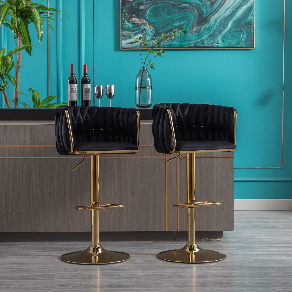Set of 2 Bar Stools with Chrome Footrest and Base Swivel Height Velvet ...
