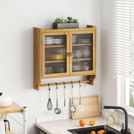 24.8 '' Glass door retro double door wall cabinet with three levels of storage space with towel rack, original wood color - V.I.P Digital Presence