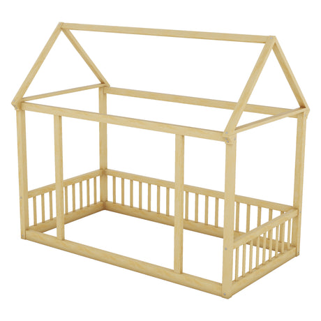 Twin Size Floor Wooden Bed with House Roof Frame and Safety Guardrails,Natural - V.I.P Digital Presence