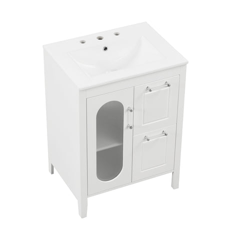 24" Bathroom Vanity with Sink, Bathroom Vanity Cabinet with Two Drawers and Door, Adjustable Shelf, Solid Wood and MDF, White - V.I.P Digital Presence