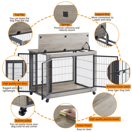 Furniture Style Dog Crate Side Table on Wheels with Double Doors and Lift Top.Grey,38.58''w x 25.5''d x 27.36''h - V.I.P Digital Presence