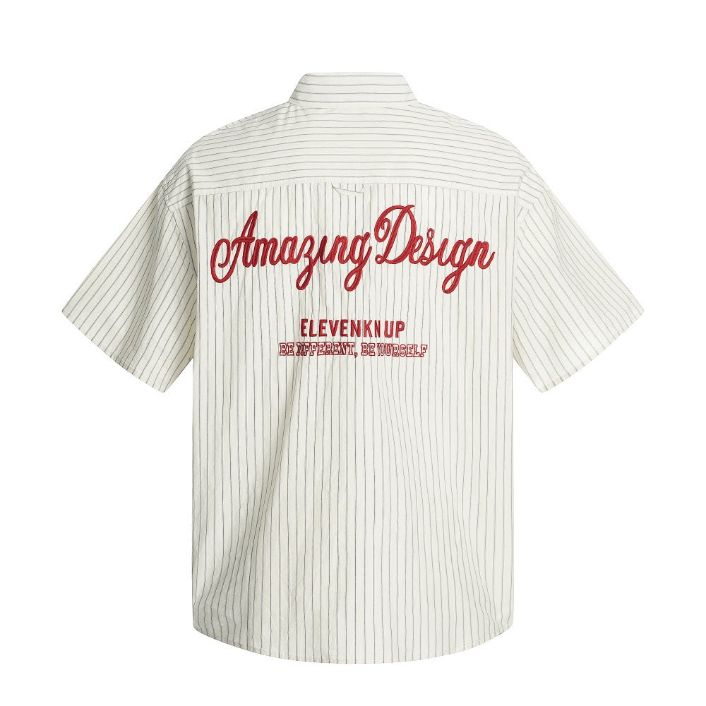 American Style Trendy Vertical Striped Embroidered Letter Short Sleeve Shirt Men's Loose Design Pockets Turn-Down Collar Shirt Summer - V.I.P Digital Presence