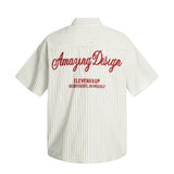 American Style Trendy Vertical Striped Embroidered Letter Short Sleeve Shirt Men's Loose Design Pockets Turn-Down Collar Shirt Summer - V.I.P Digital Presence