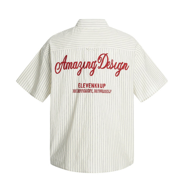 American Style Trendy Vertical Striped Embroidered Letter Short Sleeve Shirt Men's Loose Design Pockets Turn-Down Collar Shirt Summer - V.I.P Digital Presence