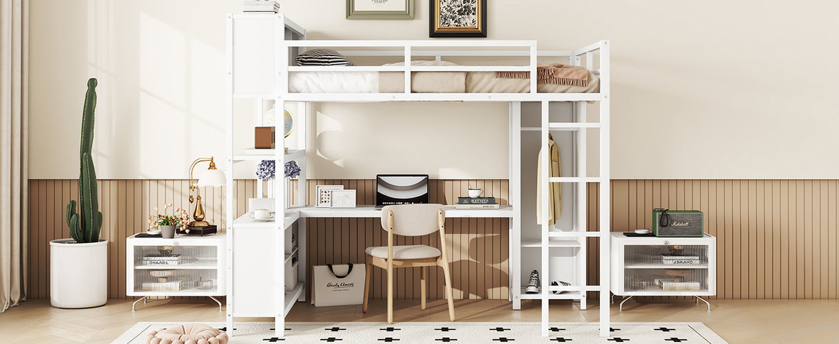 Metal loft bed with wardrobe and L-shaped desk, full-size loft bed with storage cabinet and shelf, white - V.I.P Digital Presence