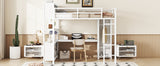 Metal loft bed with wardrobe and L-shaped desk, full-size loft bed with storage cabinet and shelf, white - V.I.P Digital Presence
