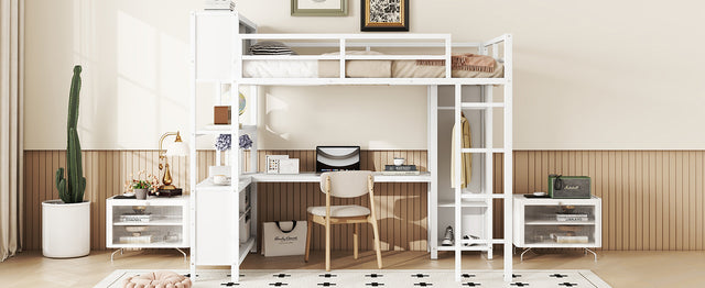 Metal loft bed with wardrobe and L-shaped desk, full-size loft bed with storage cabinet and shelf, white - V.I.P Digital Presence