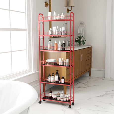 Red 6-story rolling cart gap kitchen ultra-thin sliding out storage tower shelf with wheels, 6 baskets - V.I.P Digital Presence