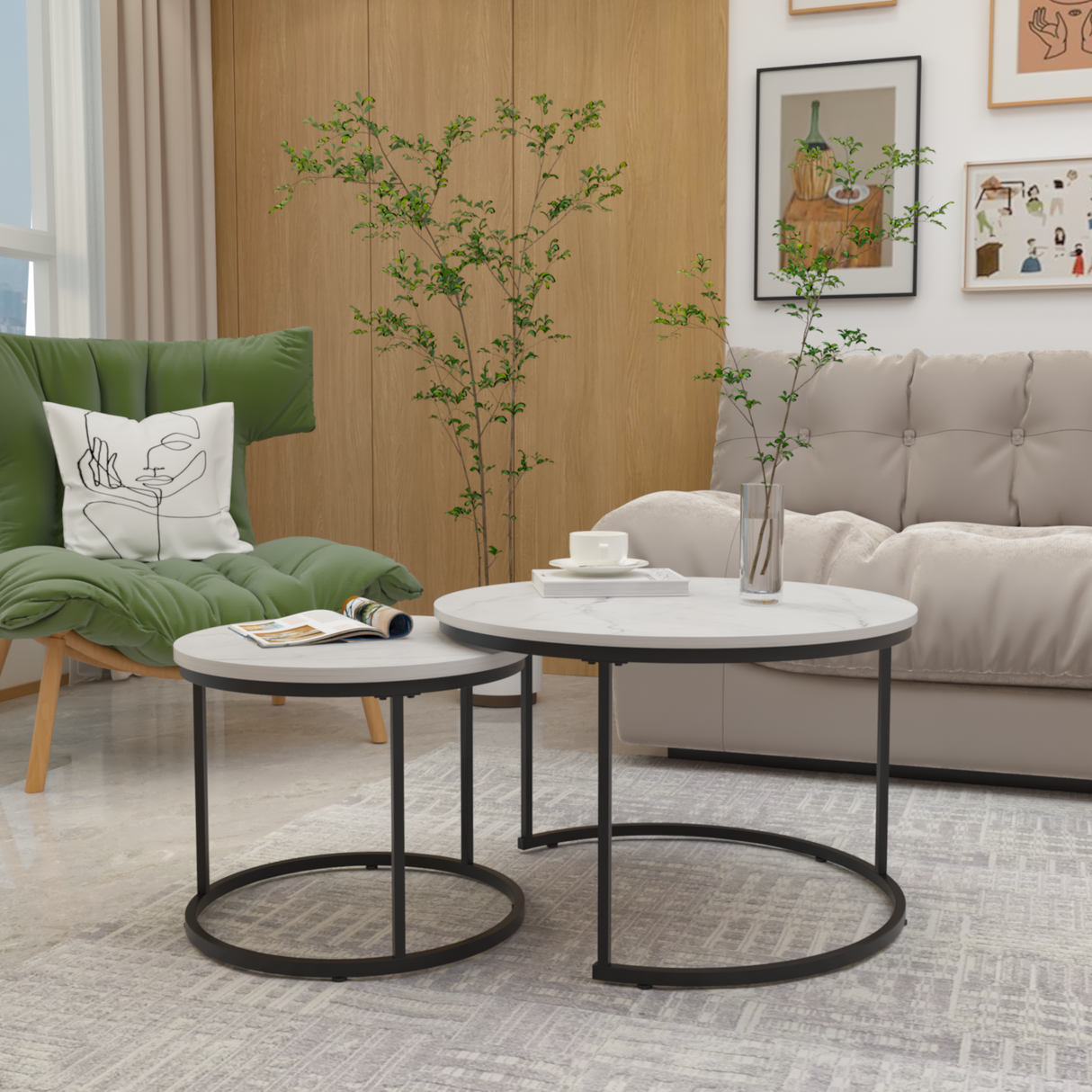 A set of nested 27.6-inch circular coffee tables with a wooden marble patterned tabletop and a sturdy metal frame (white) - V.I.P Digital Presence