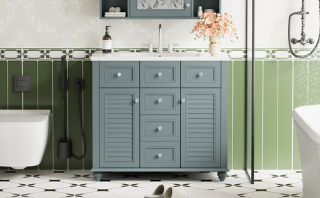 36 "bathroom makeup cabinet with resin sink combination and 2 drawers, with soft closing door, blue color - V.I.P Digital Presence