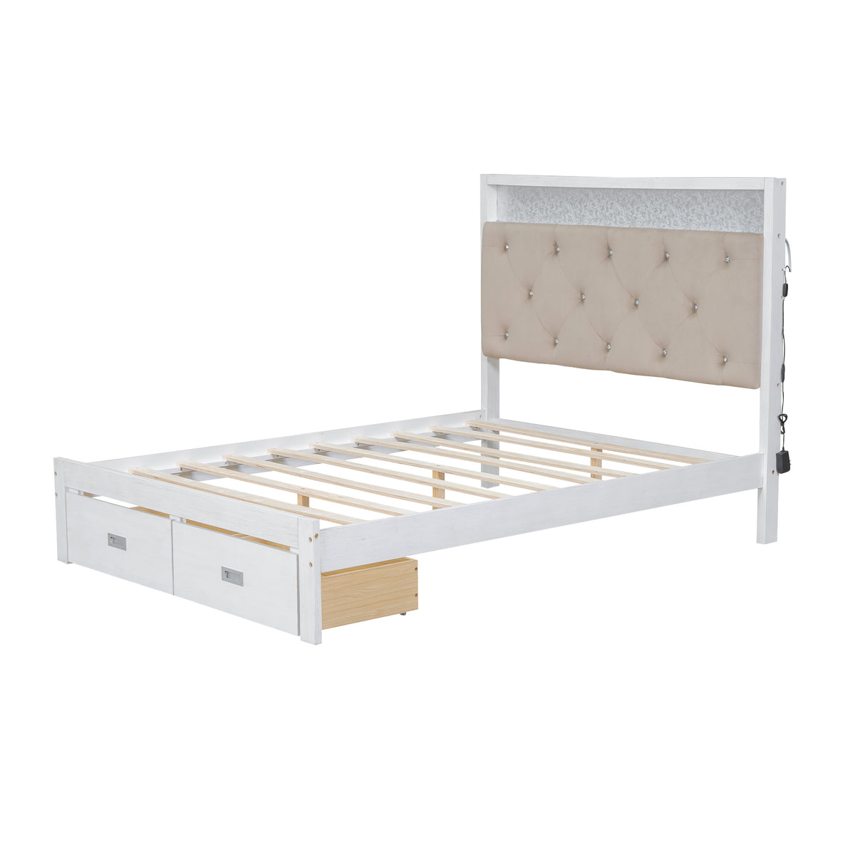 Wood Full Size Platform Bed with Upholstered Headboard and LED and 2 Drawers, Antique White - V.I.P Digital Presence