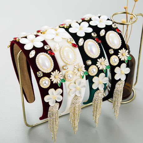 Vintage Baroque New Flower Pearl Tassel Hair Charm Velvet Fabric Headband Accessories - V.I.P Digital Presence