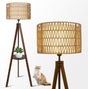 Boho Tripod Floor Lamp with Shelves, Mid Century Wood Standing Lamp with Rattan & Fabric Shades, ON/Off Foot Switch Office - V.I.P Digital Presence