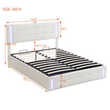 Queen Size Upholstered Bed with LED Lights Hydraulic Storage System and USB Charging Station White