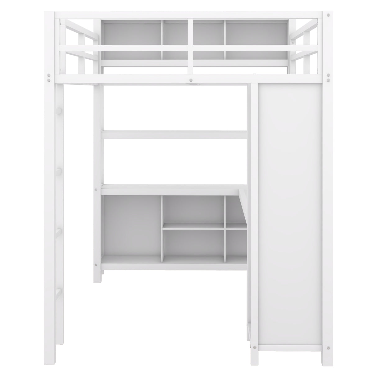 Metal loft bed with wardrobe and L-shaped desk, full-size loft bed with storage cabinet and shelf, white - V.I.P Digital Presence