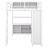 Metal loft bed with wardrobe and L-shaped desk, full-size loft bed with storage cabinet and shelf, white - V.I.P Digital Presence