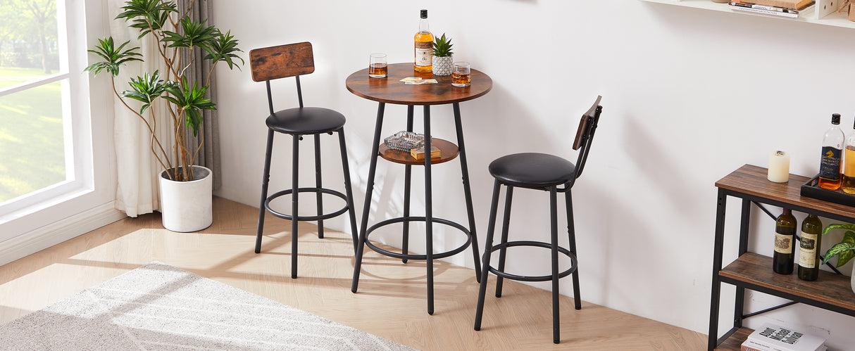 Round bar stool set with shelf upholstered stool with backrest Rustic Brown 23.62'' W x 23.62'' D x 35.43'' H - V.I.P Digital Presence