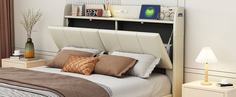 Large floating bed frame with storage headboard, touch sensor, night light and USB charger, padded platform bed, beige color - V.I.P Digital Presence