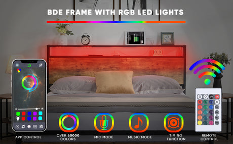 Large bed frame with storage headboard and 2 drawers, LED light bed, charging station, metal platform bed - V.I.P Digital Presence