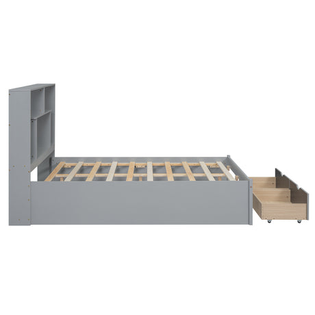 Full Size Platform Bed with Storage Headboard and 2 Drawers, Gray - V.I.P Digital Presence