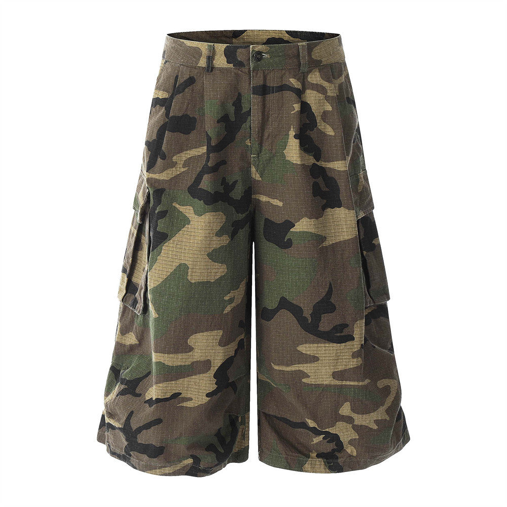 Loose Wide-Leg Camouflage Three-Quarter Pants Men's Summer Work Shorts Pleated Design with Large Pockets - V.I.P Digital Presence