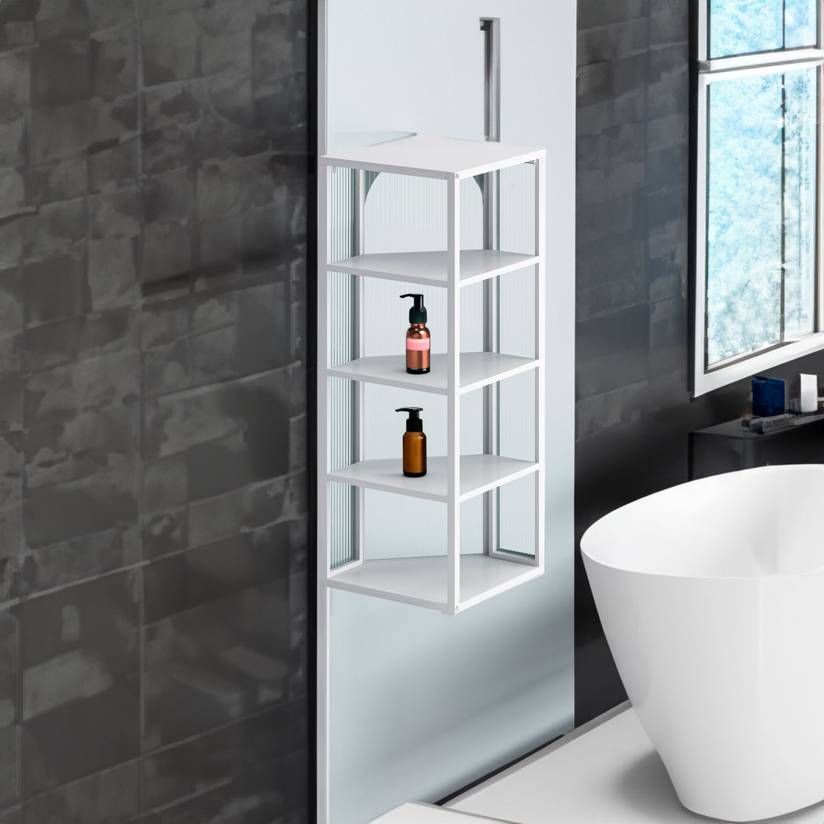 Glass Door Wall Mounted Corner Cabinet with Featuring Four-tier Storage  White