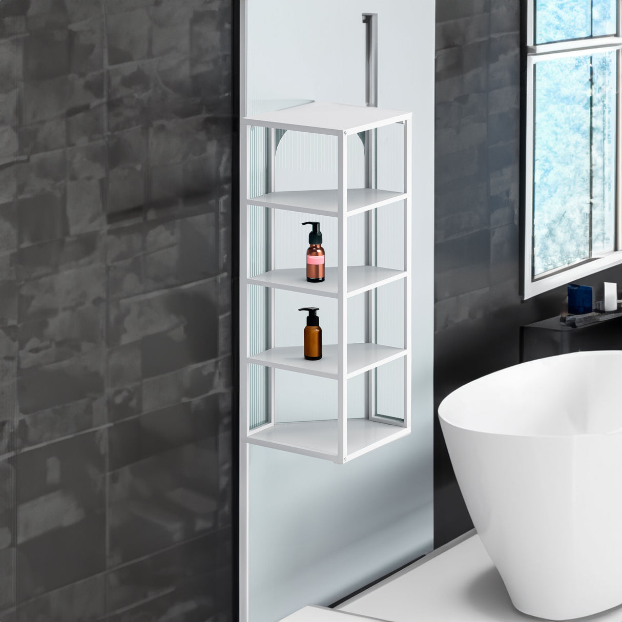 Glass Door Wall Mounted Corner Cabinet with Featuring Four-tier Storage  White
