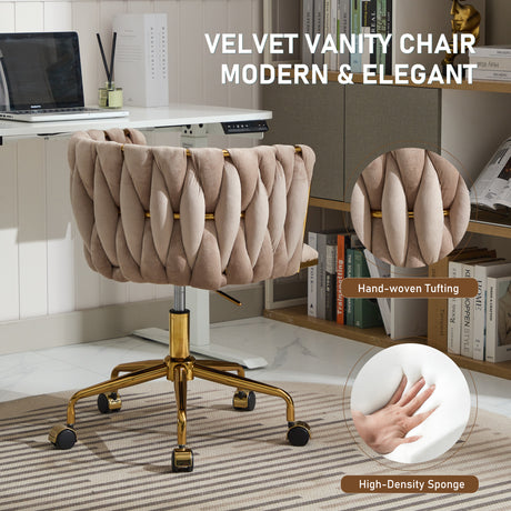 Velvet Vanity Chair with Wheels, Accent Chair Makeup Vanity Chair with Hand Woven Backrest (GRAY) - V.I.P Digital Presence