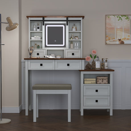 46.5-inch dressing table with adjustable LED lighting mirror and charging station, equipped with soft cushioned stool - V.I.P Digital Presence