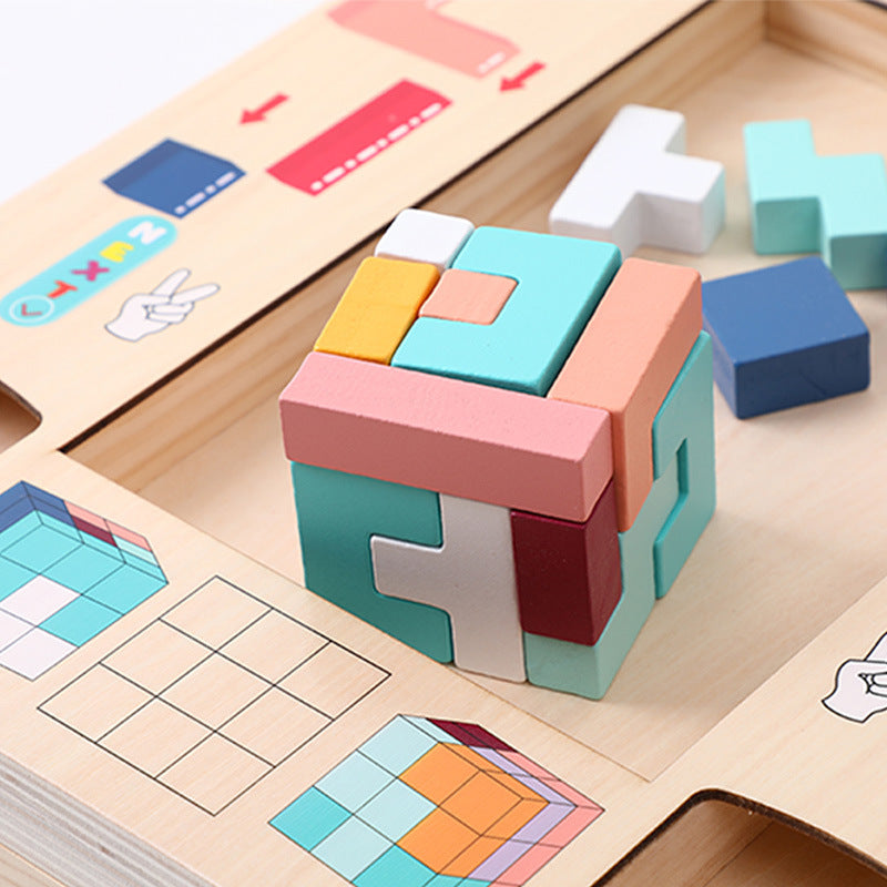 Juego de rompecabezas de pensamiento espacial multifuncional de iluminación para niños de madera, bloques de construcción tres en uno Tetris