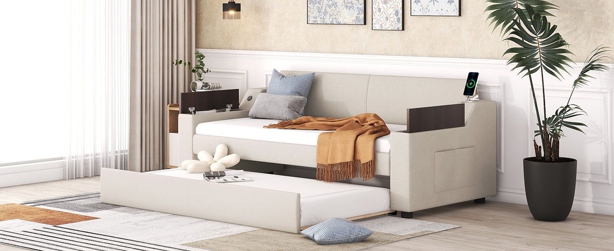 Twin Size Upholstery Daybed with Storage Arms  Trundle and USB Design Beige