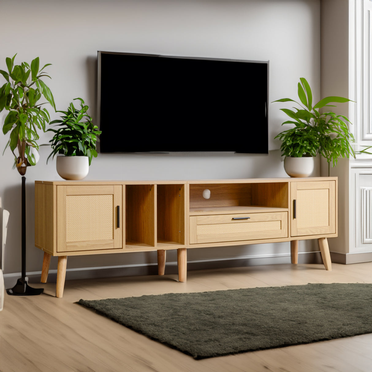 Vine TV stand with 2 cabinets and 2 open shelves, suitable for TVs under 80 inches, with solid wood legs for TV cabinets - V.I.P Digital Presence
