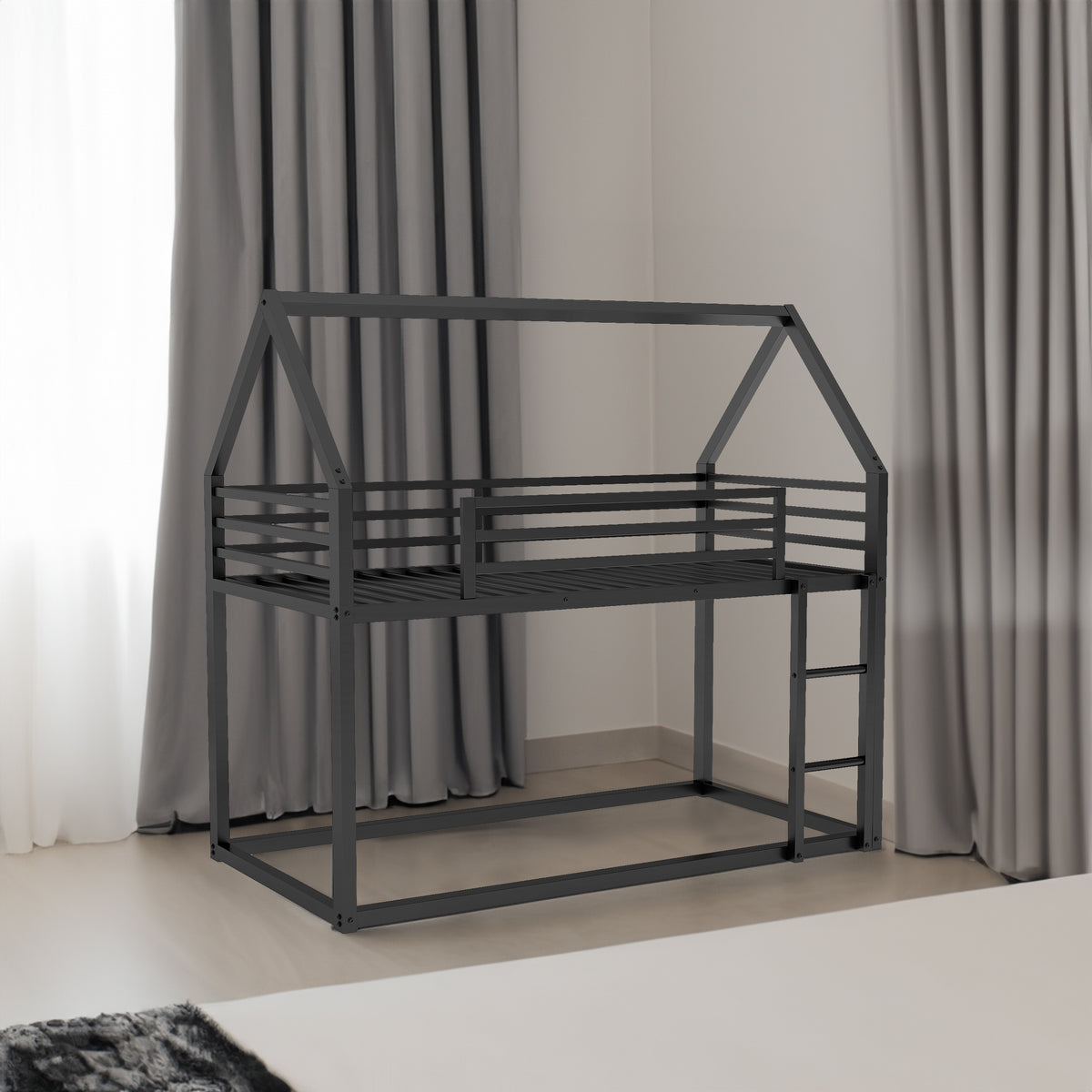 Twin over Twin House Bunk Bed with Built-in Ladder,Black - V.I.P Digital Presence