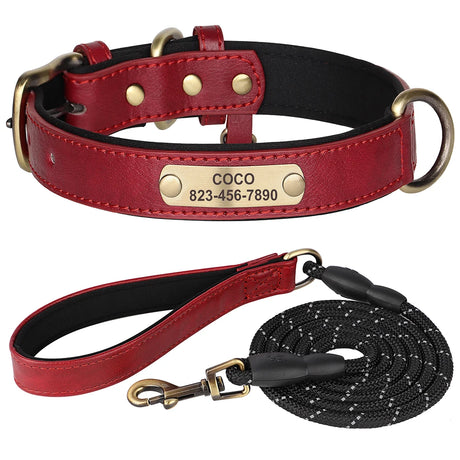 Personalized Dog Collar Leash Set Custom PU Leather Dogs Tag Collars Free Engraved Nameplate For Small Medium Large Dogs Pitbull - V.I.P Digital Presence