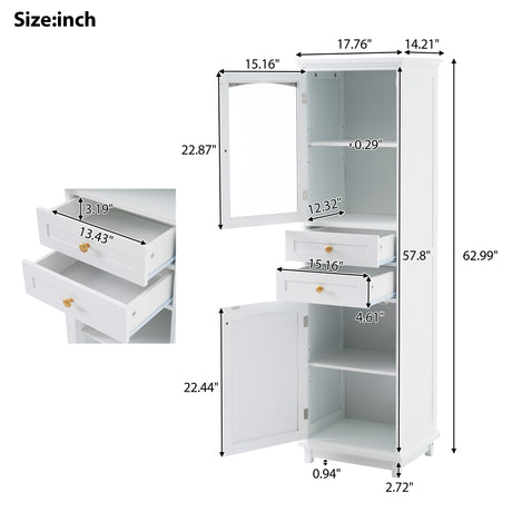 High bathroom storage cabinet with glass door, freestanding, two drawers and adjustable shelves, MDF board, painted white - V.I.P Digital Presence