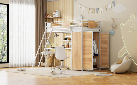 Twin Size Loft bed with L-shape Desk and Wardrobe, White - V.I.P Digital Presence