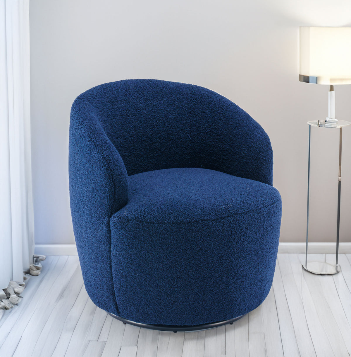 Teddy Fabric Swivel Accent Armchair Barrel Chair With Black Powder Coating Metal Ring Dark Blue - V.I.P Digital Presence
