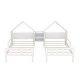 Double Twin Size Platform Bed with House-shaped Headboard and a Built-in Nightstand, White
