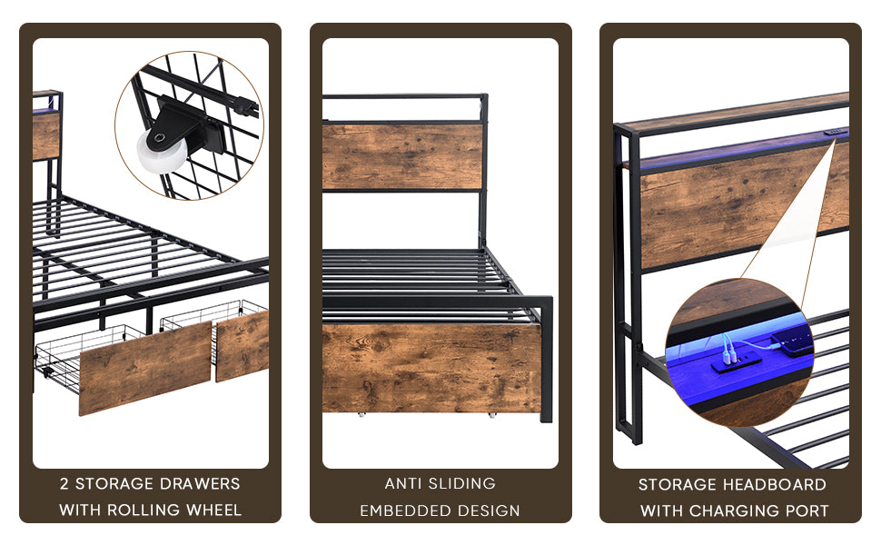 Full size bedstead with storage headboard and 2 drawers, LED light bed with charging station, metal Flat noodles support - V.I.P Digital Presence