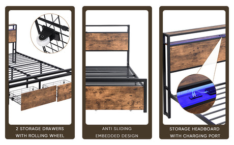 Full size bedstead with storage headboard and 2 drawers, LED light bed with charging station, metal Flat noodles support - V.I.P Digital Presence