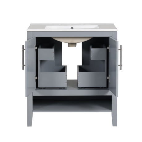 30" Bathroom Vanity with Sink, Multi-functional Bathroom Cabinet with Doors and Drawers, Solid Frame and MDF Board, Grey - V.I.P Digital Presence