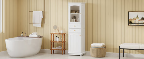 High bathroom storage cabinet with glass door, freestanding, two drawers and adjustable shelves, MDF board, painted white - V.I.P Digital Presence