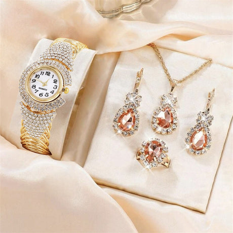 Fashion New Cross border Personality Trend Versatile Women's Diamond Bracelet Quartz Watch Necklace Ring Earring Set - V.I.P Digital Presence