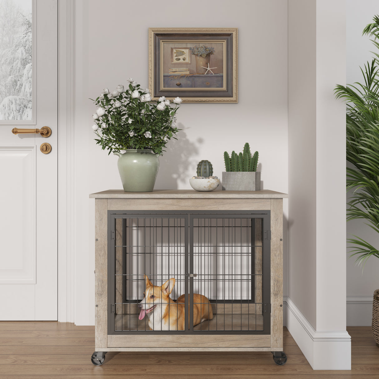 Furniture Dog Cage Crate with Double Doors on Casters. Grey, 31.50'' W x 22.05'' D x 24.8'' H. - V.I.P Digital Presence