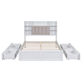 Multi-functional Full Size Bed Frame with 4 Under-bed Portable Storage Drawers and Multi-tier Bedside Storage Shelves White